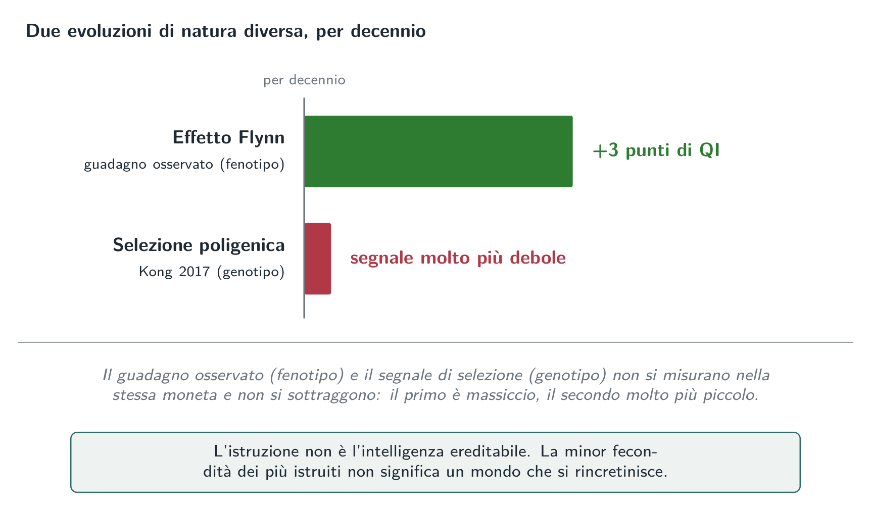 Due evoluzioni di nature diverse: il guadagno dell’effetto Flynn si conta in punti di QI per decennio sui punteggi osservati, mentre il segnale di selezione genotipica stimato resta molto più piccolo. Misurando l’una il fenotipo e l’altra il genotipo, esse non si sottraggono l’una all’altra.