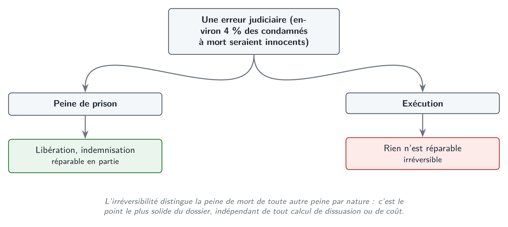 L’asymétrie de l’erreur : une condamnation à tort se répare en partie tant qu’il reste une vie à libérer et à indemniser ; une exécution, non. C’est le point le plus solide du dossier.